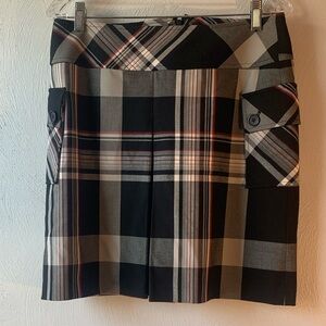 LOFT Black and Gray Plaid Midi Skirt